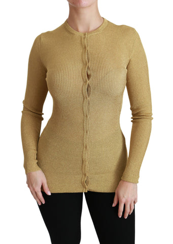 Gold long sleeve cardigan sweater by Dolce & Gabbana made of viscose, featuring a fitted design and button closure.