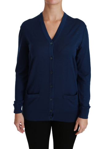Blue button cardigan made of virgin wool, Dolce & Gabbana sweater with ribbed cuffs and classic design.