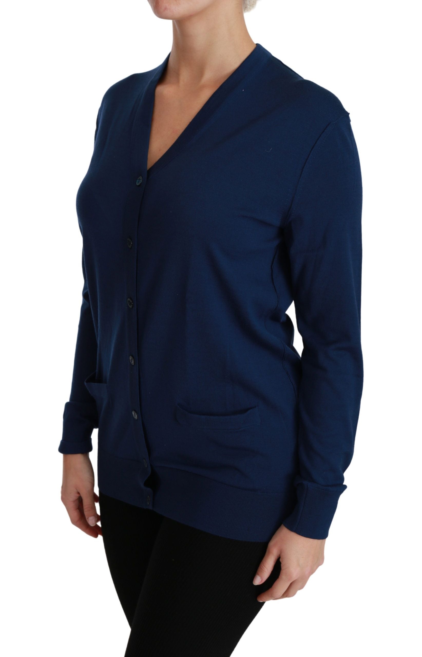 Blue button cardigan made of Virgin wool, Dolce & Gabbana sweater with a classic fit and button-up front.