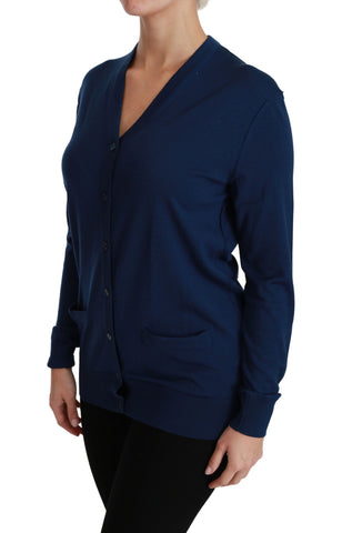 Blue button cardigan made of Virgin wool, Dolce & Gabbana sweater with a classic fit and button-up front.