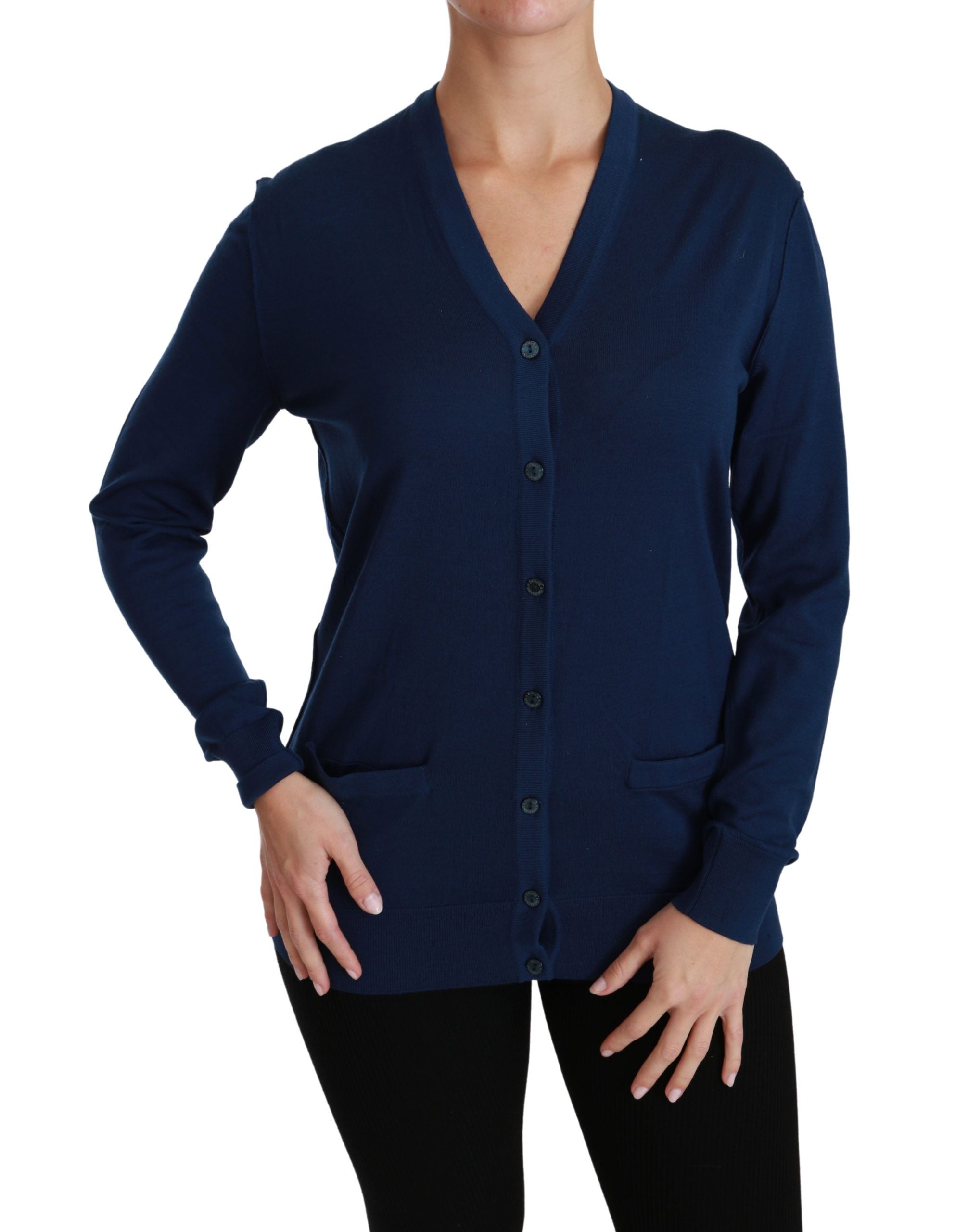 Blue button cardigan sweater made of virgin wool by Dolce & Gabbana, featuring a classic knit design and button-front closure.
