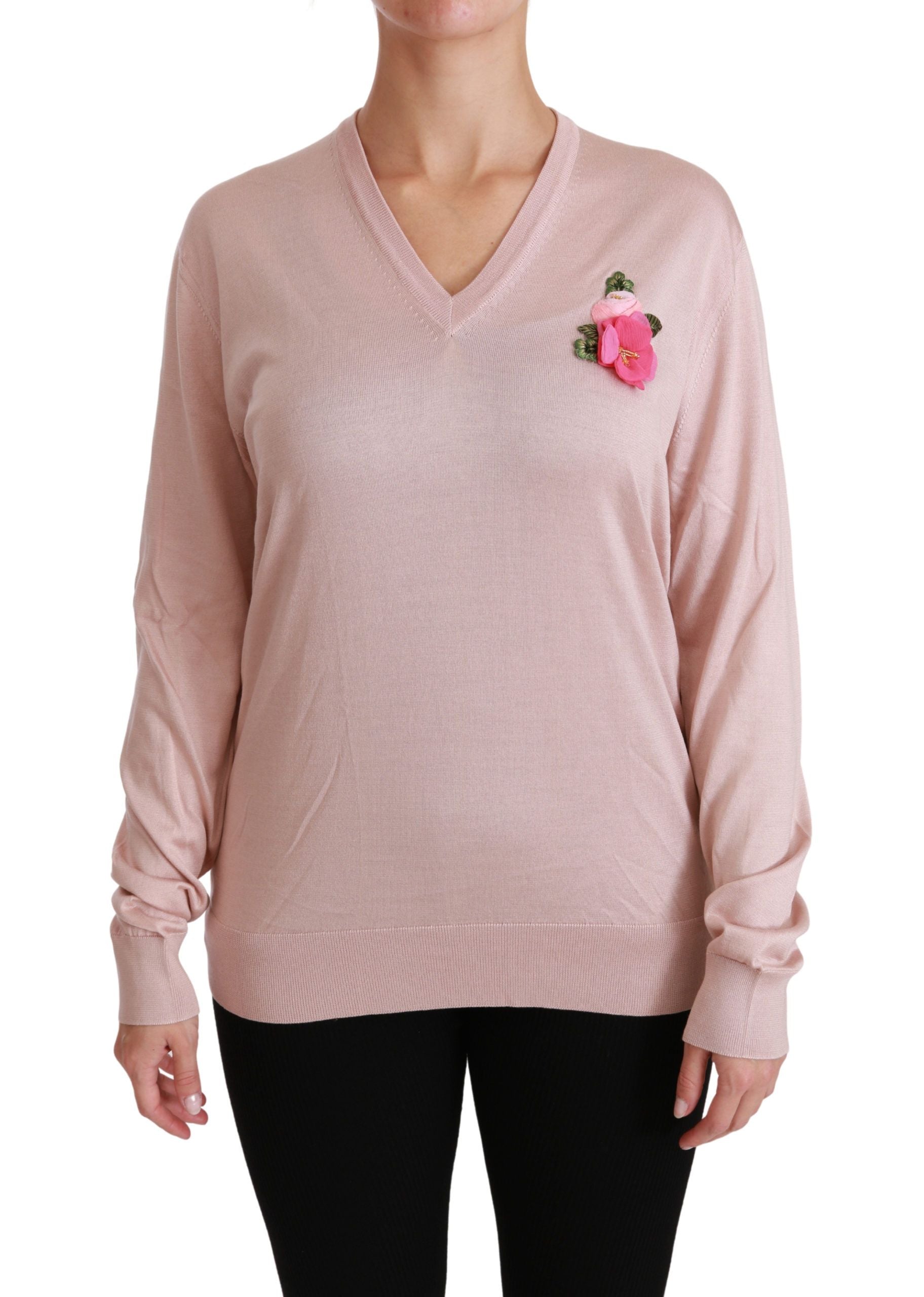 Pink floral embellished Dolce & Gabbana silk sweater pullover with decorative floral details and soft fabric.