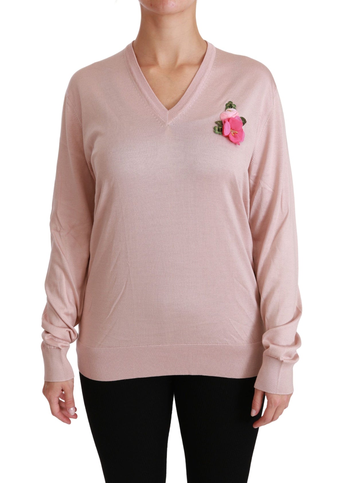 Pink floral embellished Dolce & Gabbana silk sweater pullover with decorative floral details and soft fabric.