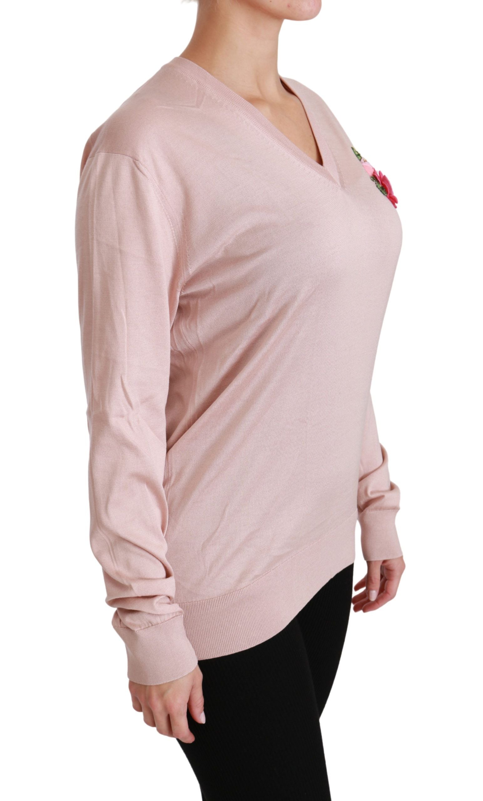 Pink floral embellished silk sweater by Dolce & Gabbana featuring intricate floral embroidery and a cozy pullover design.