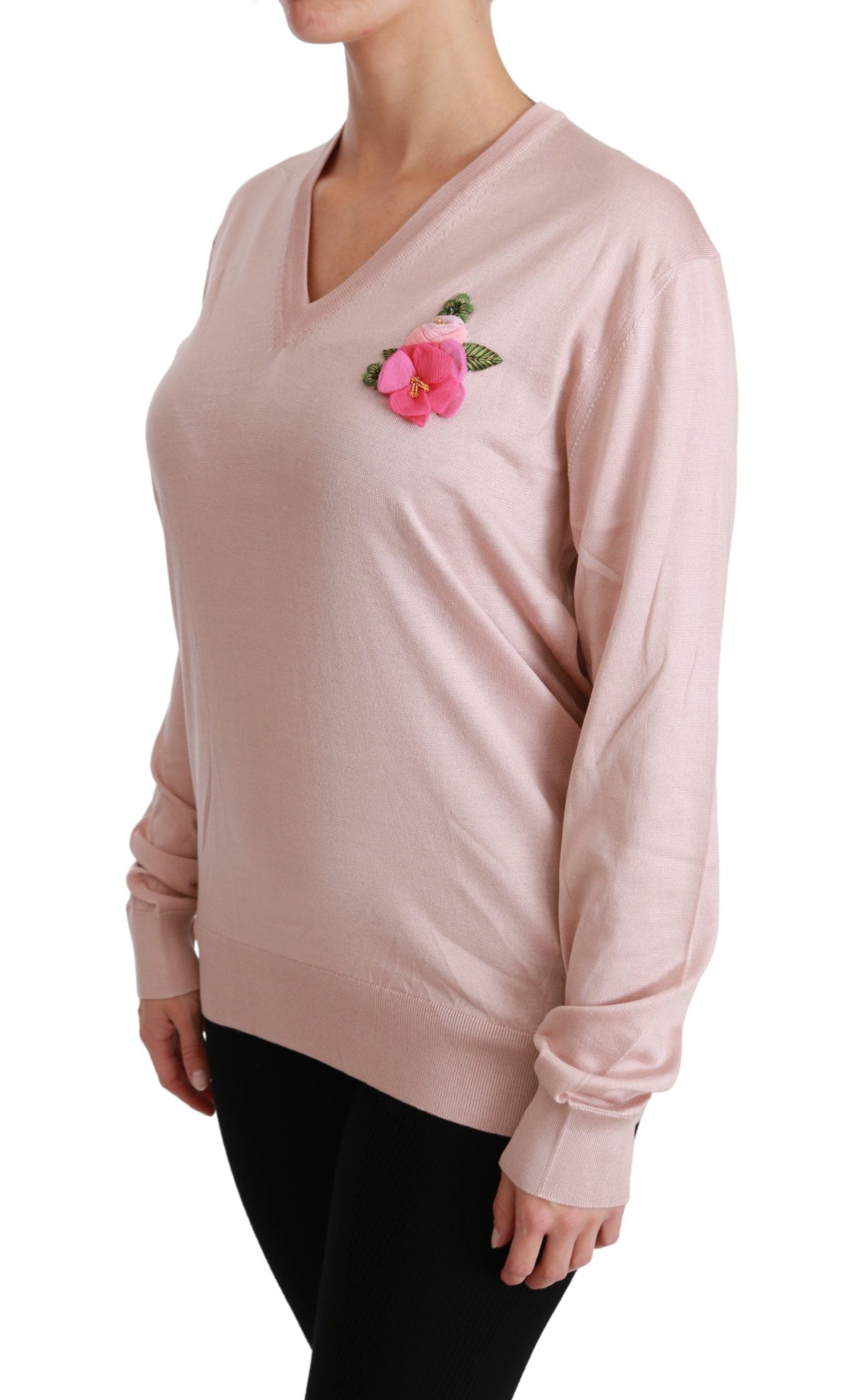 Pink floral embellished Dolce & Gabbana silk sweater pullover with intricate floral embroidery and elegant design.