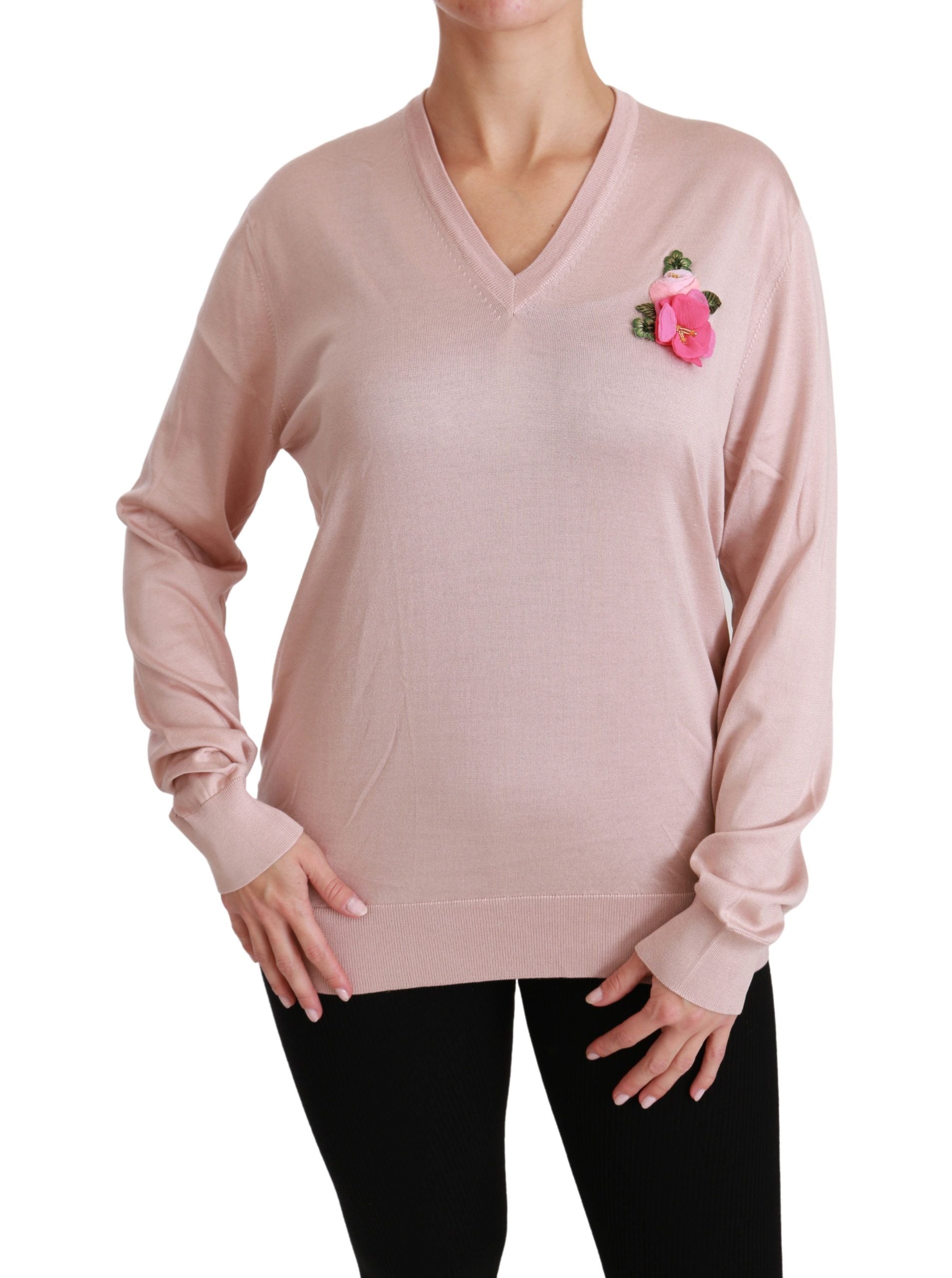 Pink floral embellished silk sweater by Dolce & Gabbana, featuring intricate floral embroidery and a cozy pullover design.