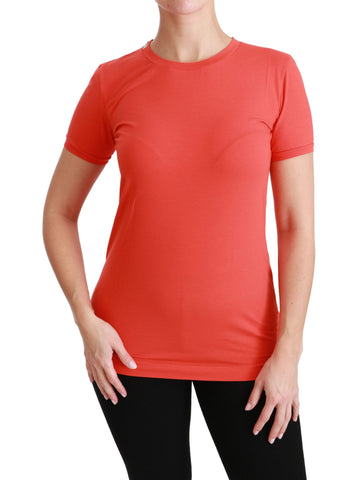 Red cotton crewneck short sleeve T-shirt by Dolce & Gabbana, close-up showing fabric texture and classic fit.