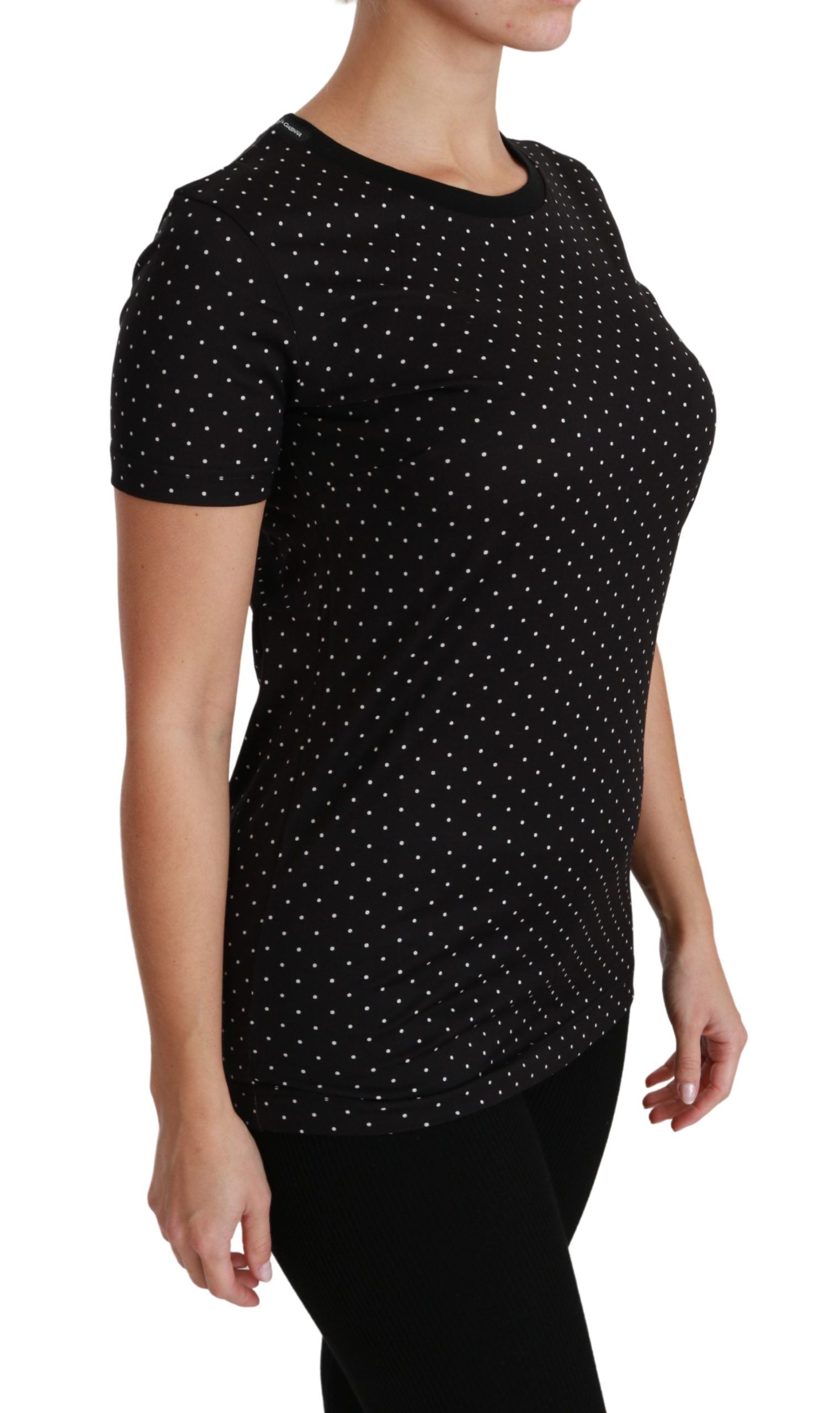 Black dotted cotton crewneck T-shirt by Dolce & Gabbana, featuring a classic fit and stylish dotted pattern.