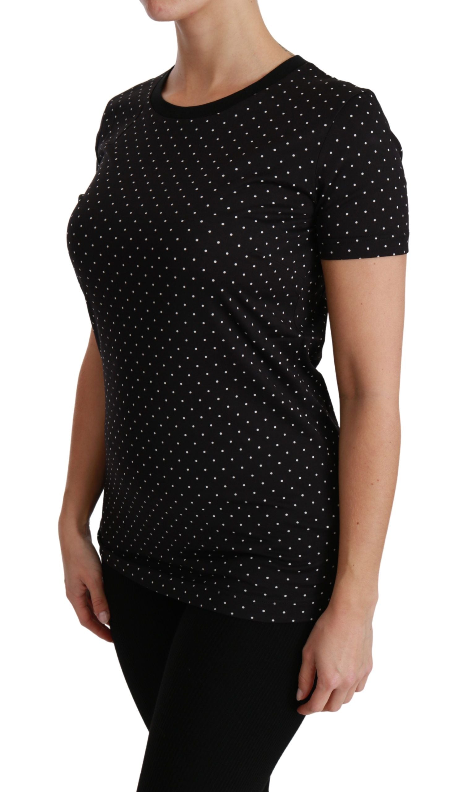 Black dotted cotton crewneck T-shirt by Dolce & Gabbana, featuring a classic fit and casual style.