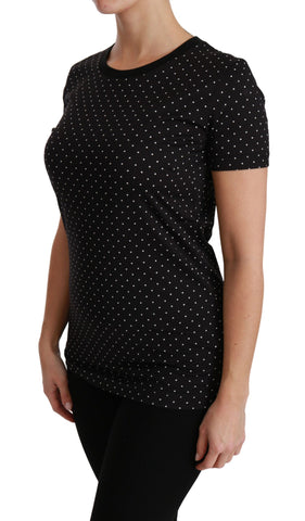 Black dotted cotton crewneck T-shirt by Dolce & Gabbana, featuring a classic fit and casual style.