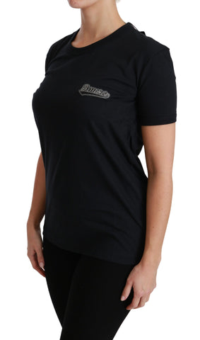 Blue Amore patch crewneck cotton top T-shirt by Dolce & Gabbana, featuring a colorful embroidered Amore patch on the chest.
