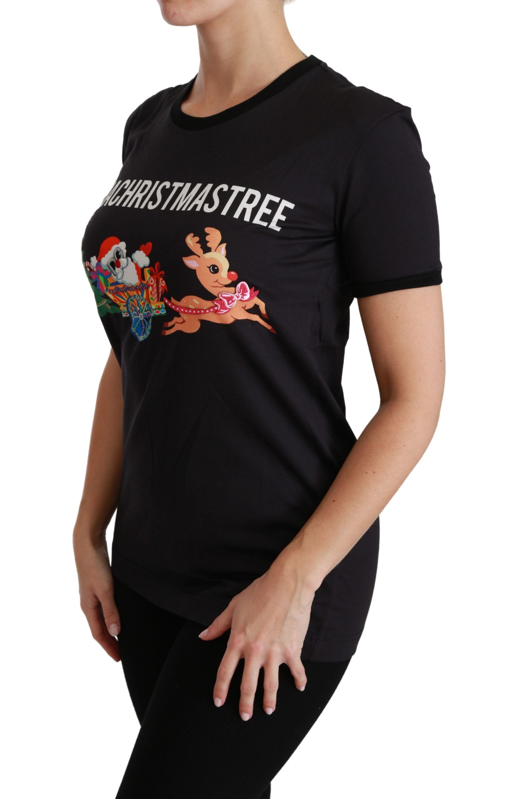 Black Dolce & Gabbana #ImAChristmasTree crewneck top featuring festive holiday-themed print on soft cotton fabric.