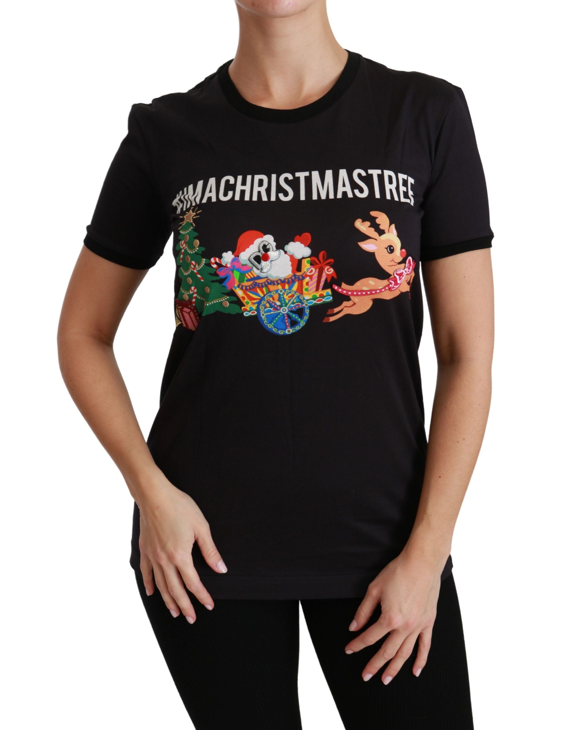 Black Dolce & Gabbana #ImAChristmasTree crewneck top t-shirt featuring festive holiday-themed text and casual fit.