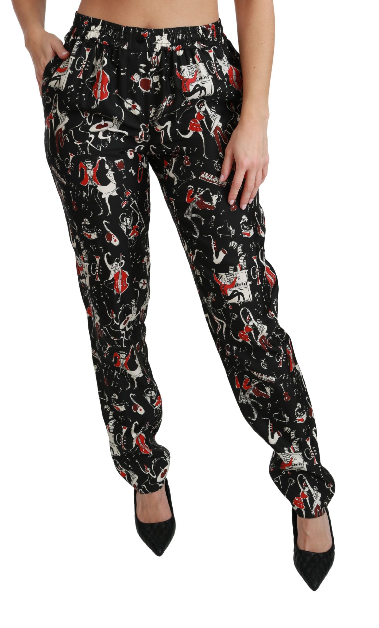 Black silk instrument mid-waist pants by Dolce & Gabbana, featuring a sleek fit and elegant style.