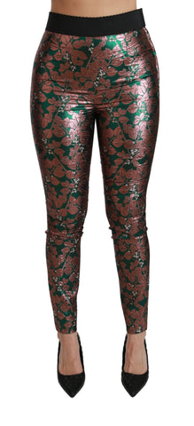 Green bronze leaf pattern skinny tights from Dolce & Gabbana with detailed leaf designs and a sleek fit.