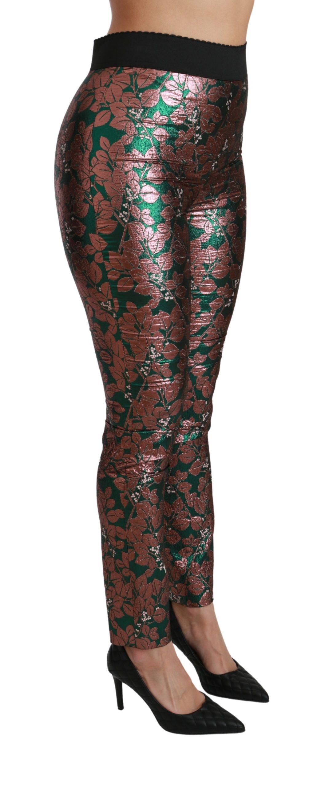 Green bronze leaf pattern skinny tights by Dolce & Gabbana featuring a leafy design and snug fit.