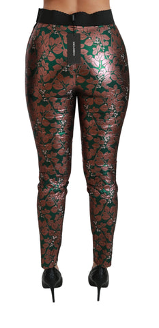 Green bronze leaf pattern tights by Dolce & Gabbana, skinny pants style with intricate leaf design and sleek fit.