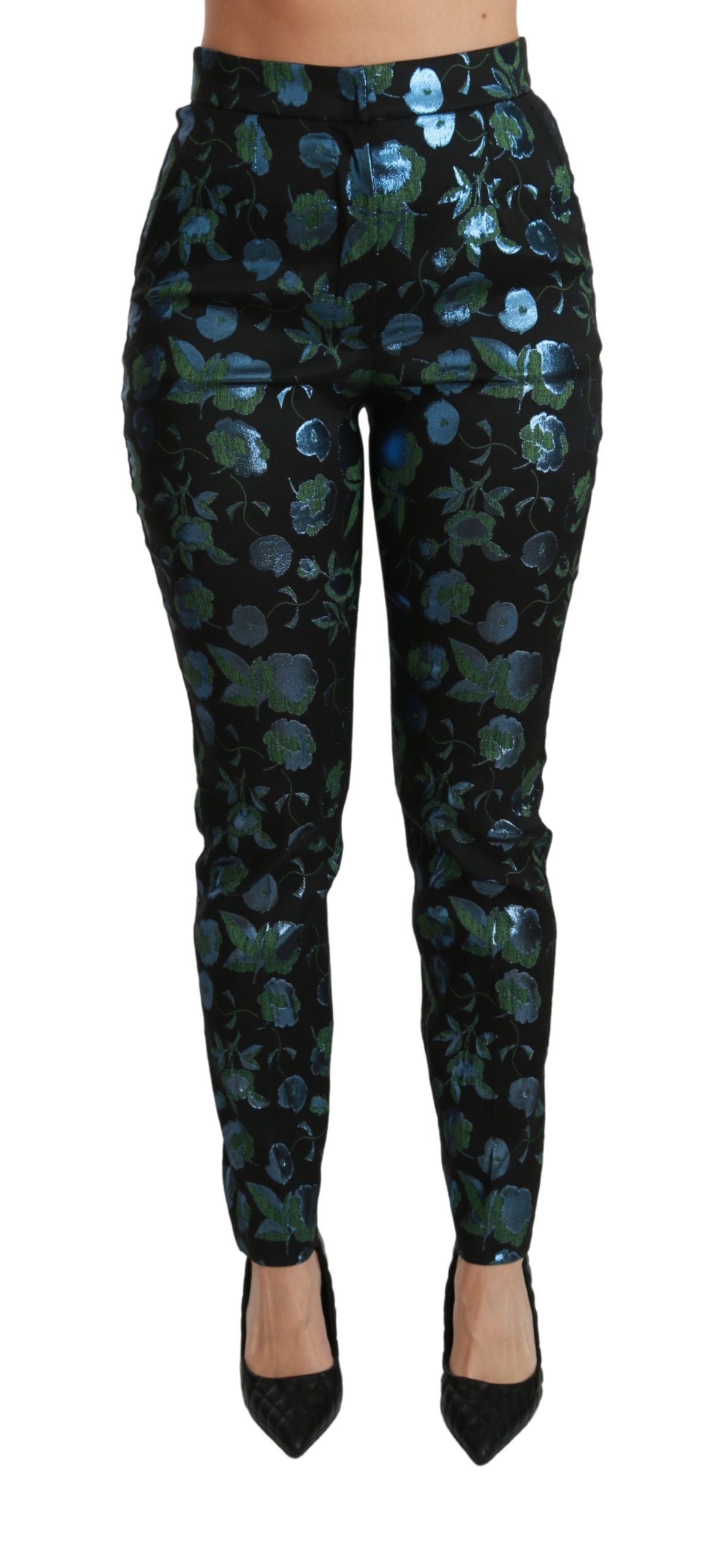 Blue and green floral metallic slim pants by Dolce & Gabbana, featuring a shiny fabric and tailored fit.