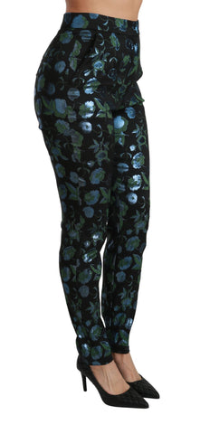 Blue and green floral metallic slim pants by Dolce & Gabbana, featuring a shiny fabric and tailored fit.