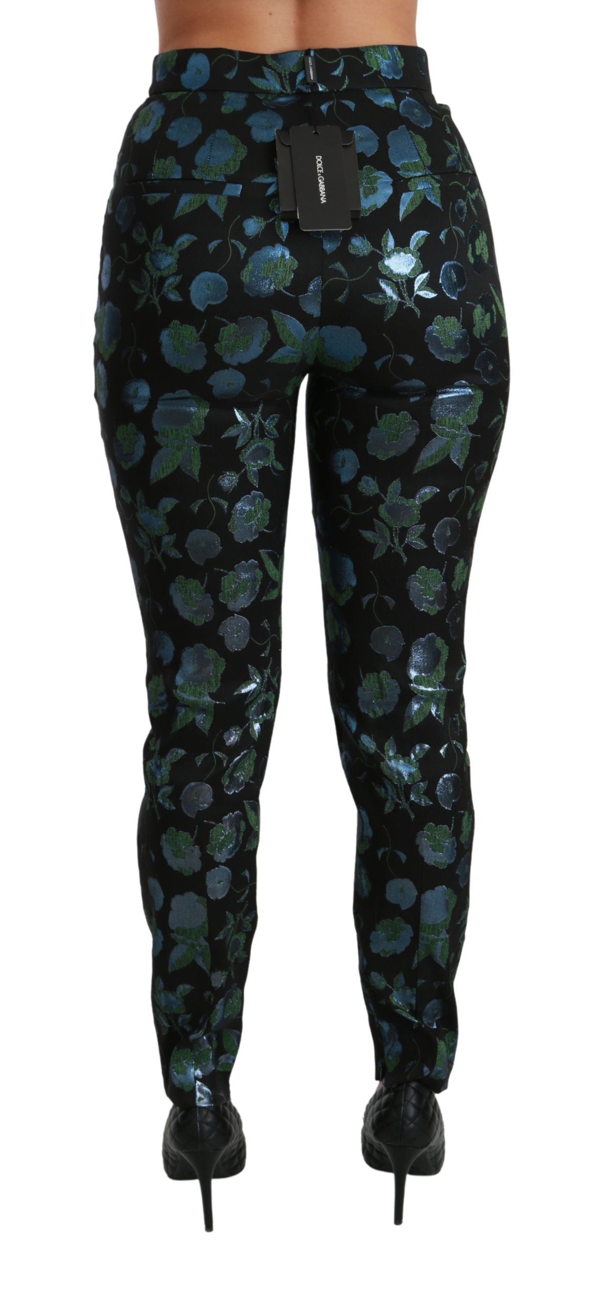 Blue and green floral metallic slim pants by Dolce & Gabbana, featuring a vibrant floral pattern and sleek fit.