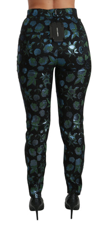 Blue and green floral metallic slim pants by Dolce & Gabbana, featuring a vibrant floral pattern and sleek fit.