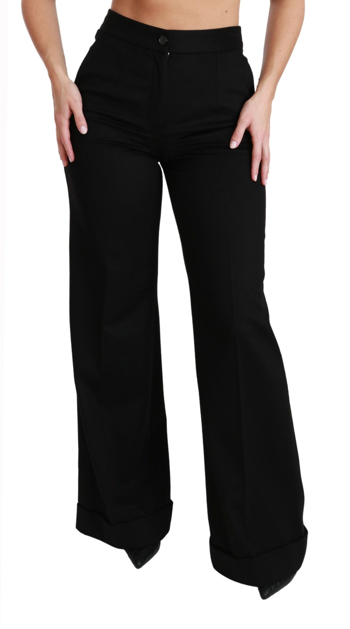 Dolce & Gabbana black wide-leg flared cashmere trousers displayed on a model.