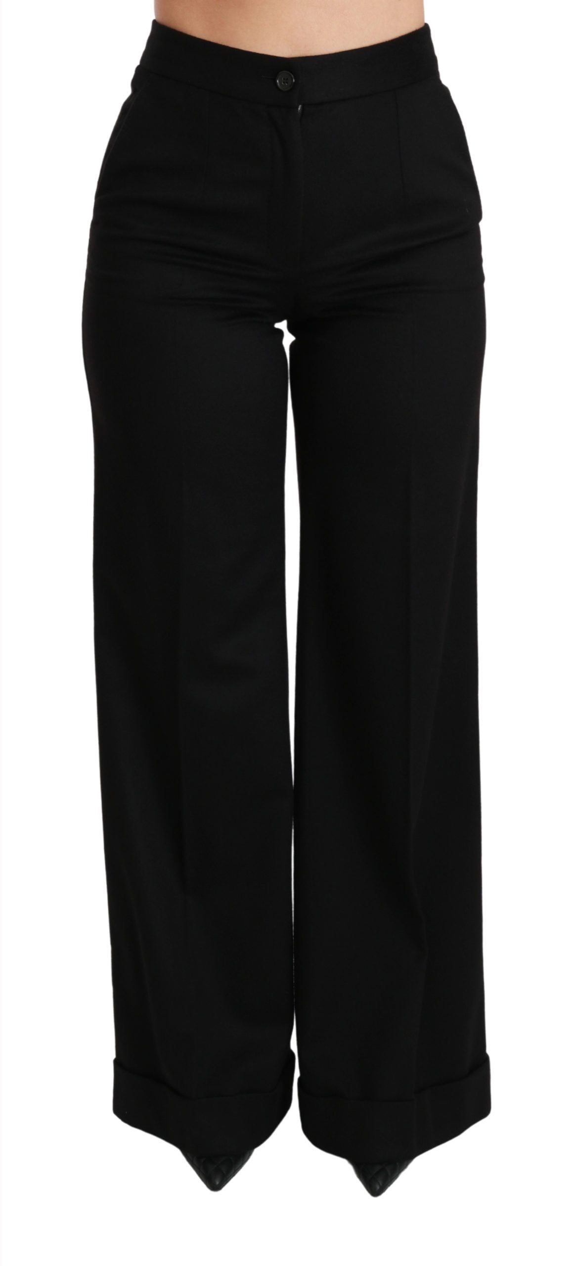 Black wide-leg flared cashmere trousers by Dolce & Gabbana, shown on a model with a relaxed fit and stylish silhouette.