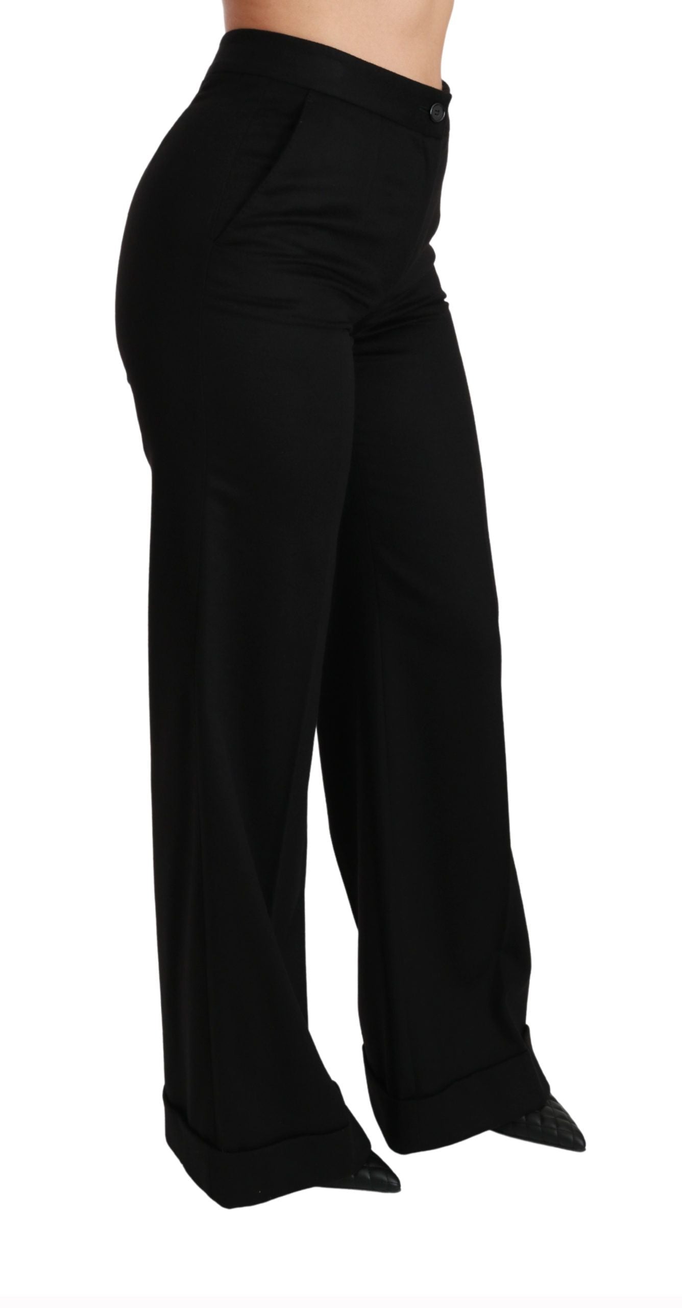 Black wide-leg flared cashmere trousers by Dolce & Gabbana shown on a model with a relaxed fit and stylish silhouette.