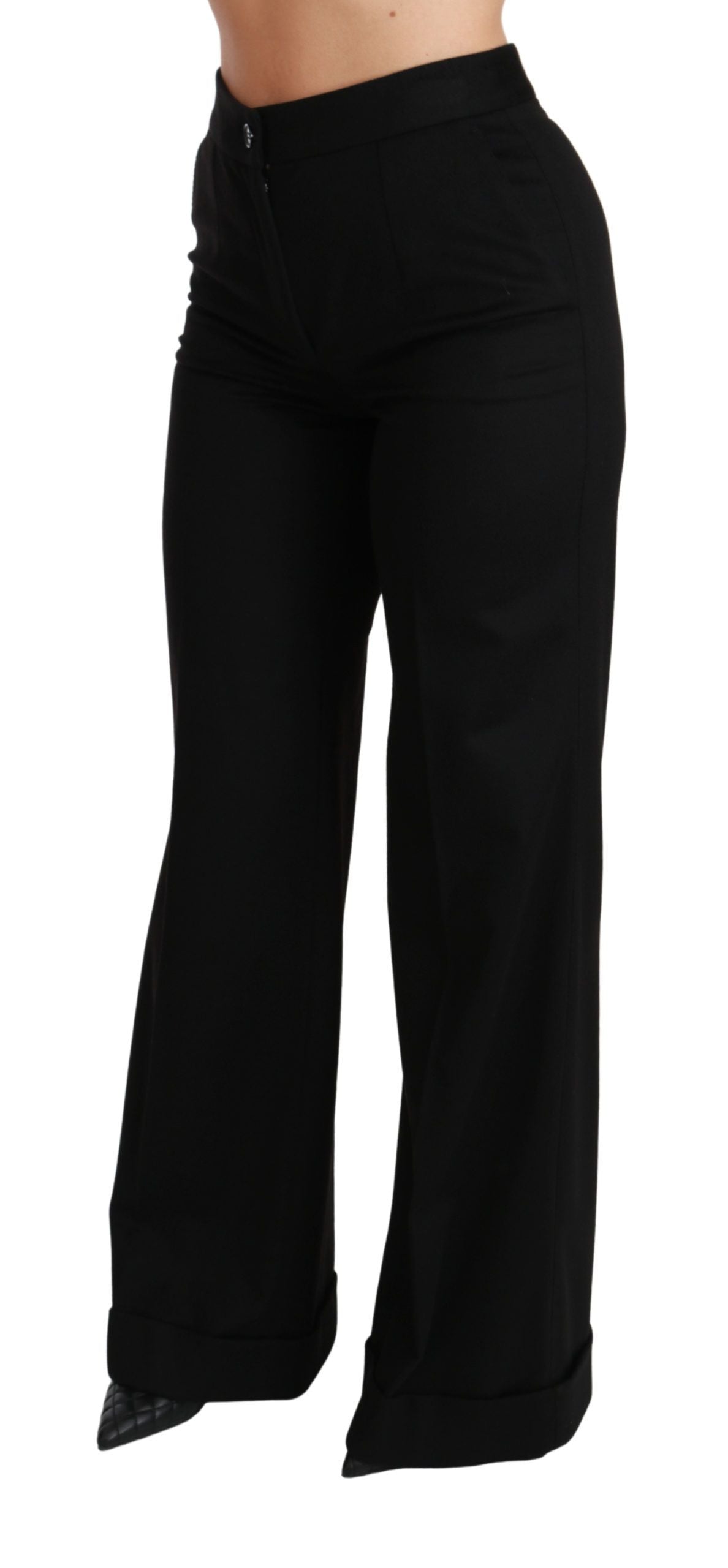 Black wide-leg flared cashmere trousers by Dolce & Gabbana, showcasing their soft fabric and relaxed fit.