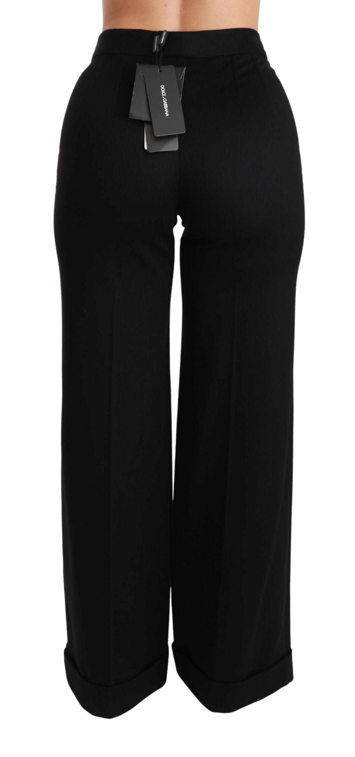 Black wide-leg flared cashmere trousers by Dolce & Gabbana, featuring a relaxed fit and smooth fabric, shown in the image.