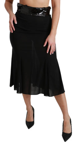 Black high waist mermaid midi silk skirt by Dolce & Gabbana, featuring a fitted silhouette and elegant flowy fabric.