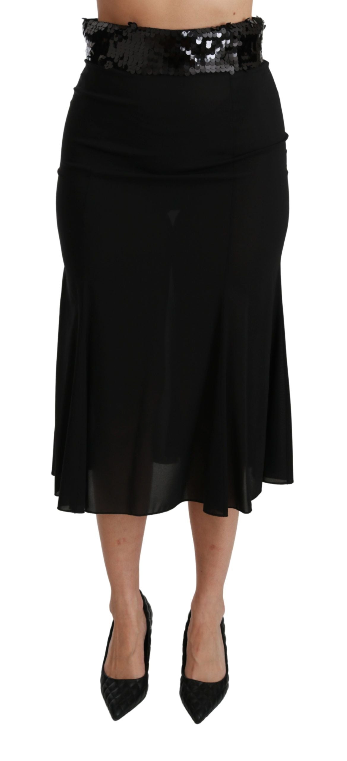 Black high-waist mermaid midi silk skirt by Dolce & Gabbana, fitted design with a flowing, elegant silhouette.