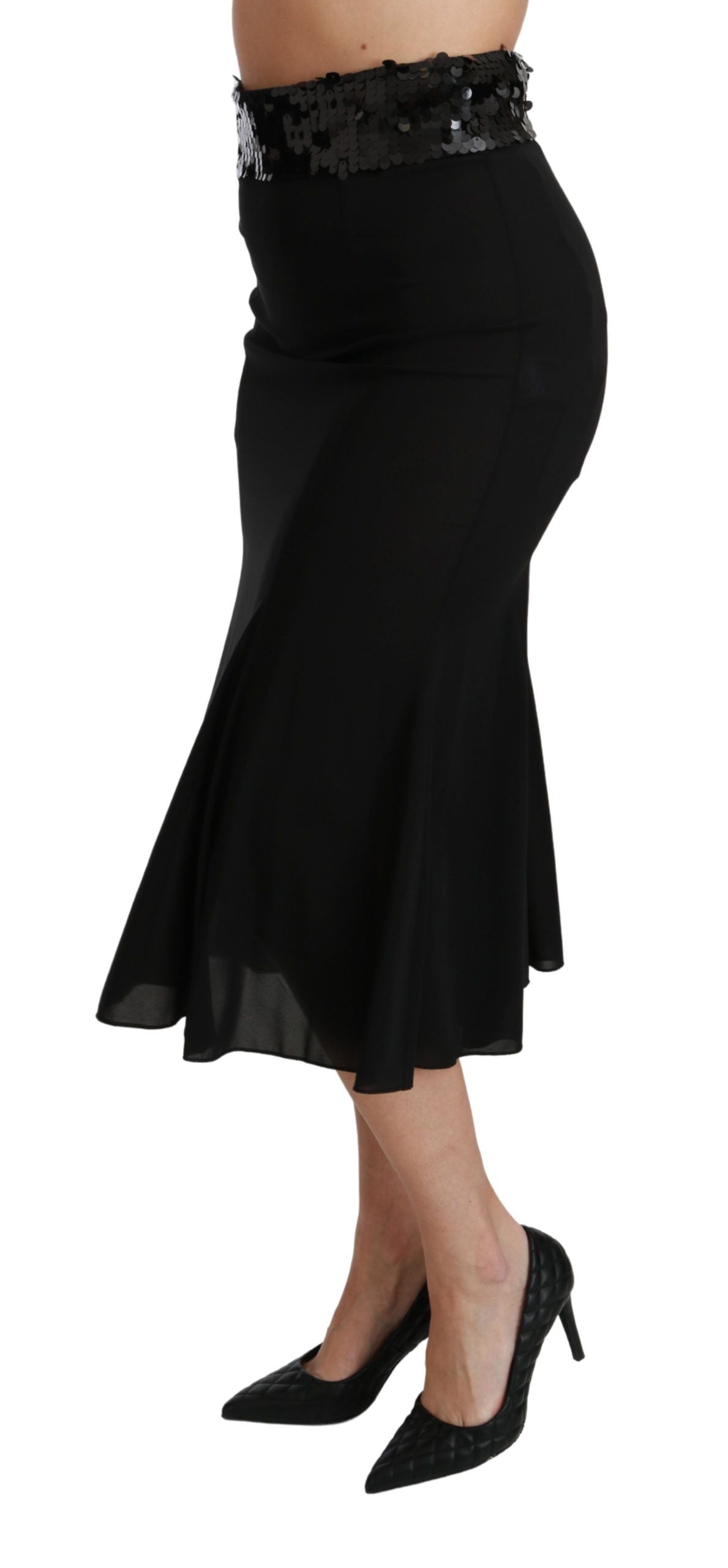 Black high waist mermaid midi silk skirt by Dolce & Gabbana, featuring a fitted silhouette and elegant flowy hem.
