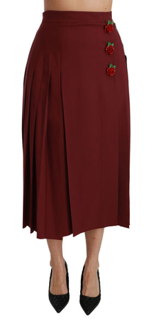 Red high waist pleated maxi wool skirt by Dolce & Gabbana, shown on a hanger with detailed pleats and wool fabric texture.