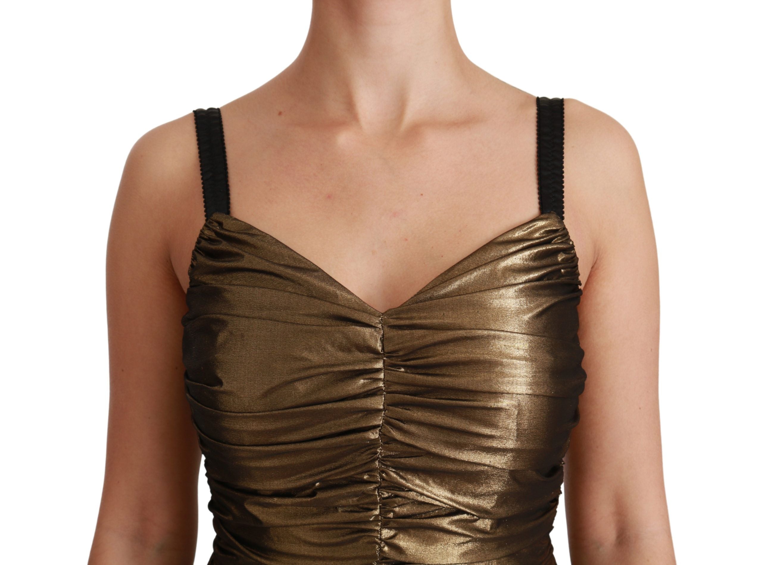 Gold metallic stretch bodycon ruched dress by Dolce & Gabbana, form-fitting with ruching details and a sleek, shiny finish.
