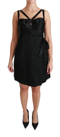 Black stretch satin jacquard mini dress by Dolce & Gabbana, featuring a fitted silhouette and elegant design.