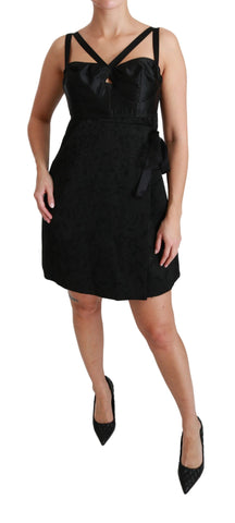 Black stretch satin jacquard mini dress by Dolce & Gabbana featuring a fitted silhouette and elegant design.