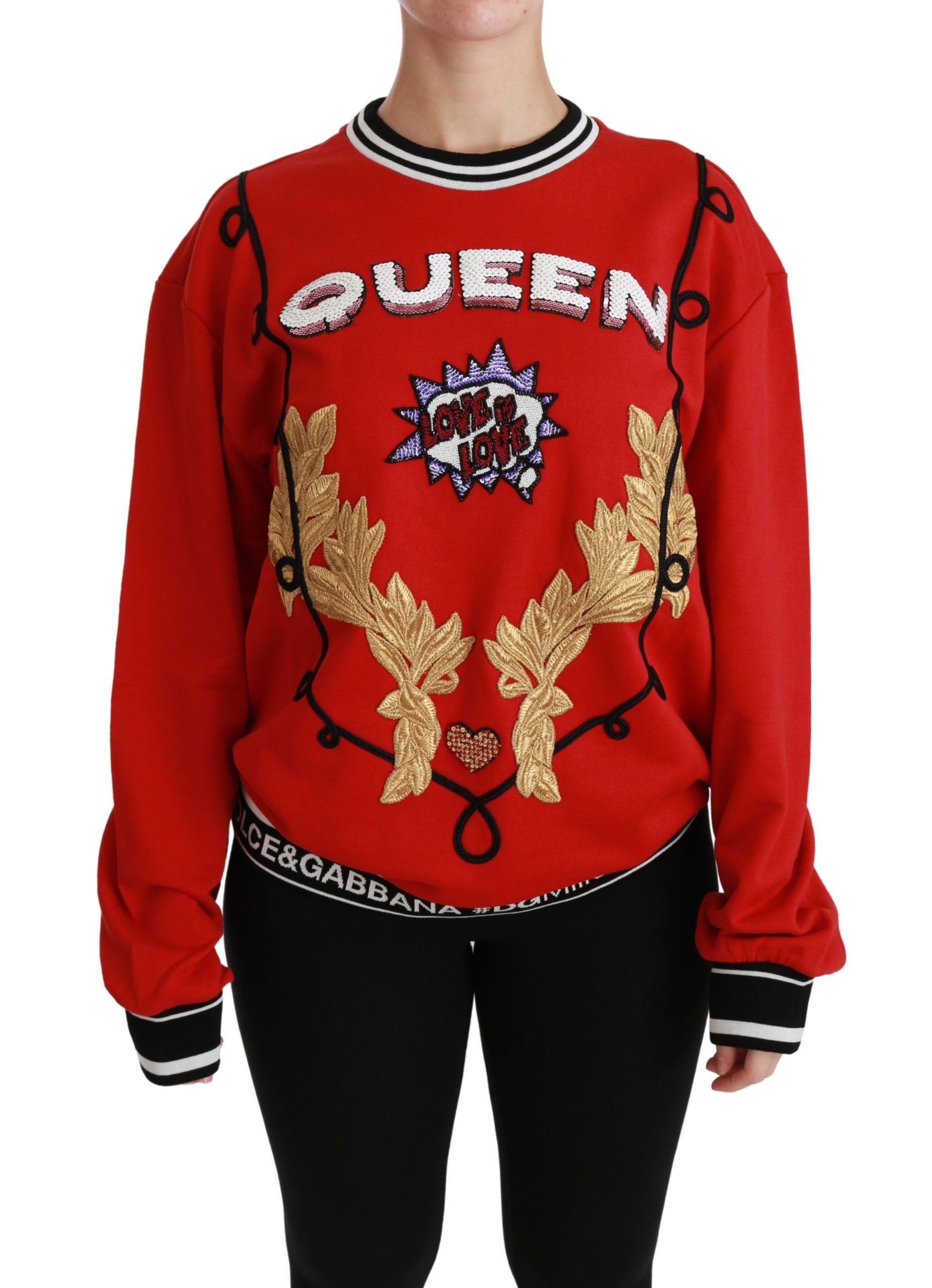 Red sequined Love pullover sweater by Dolce & Gabbana featuring sparkling sequin embellishments and a cozy knit design.