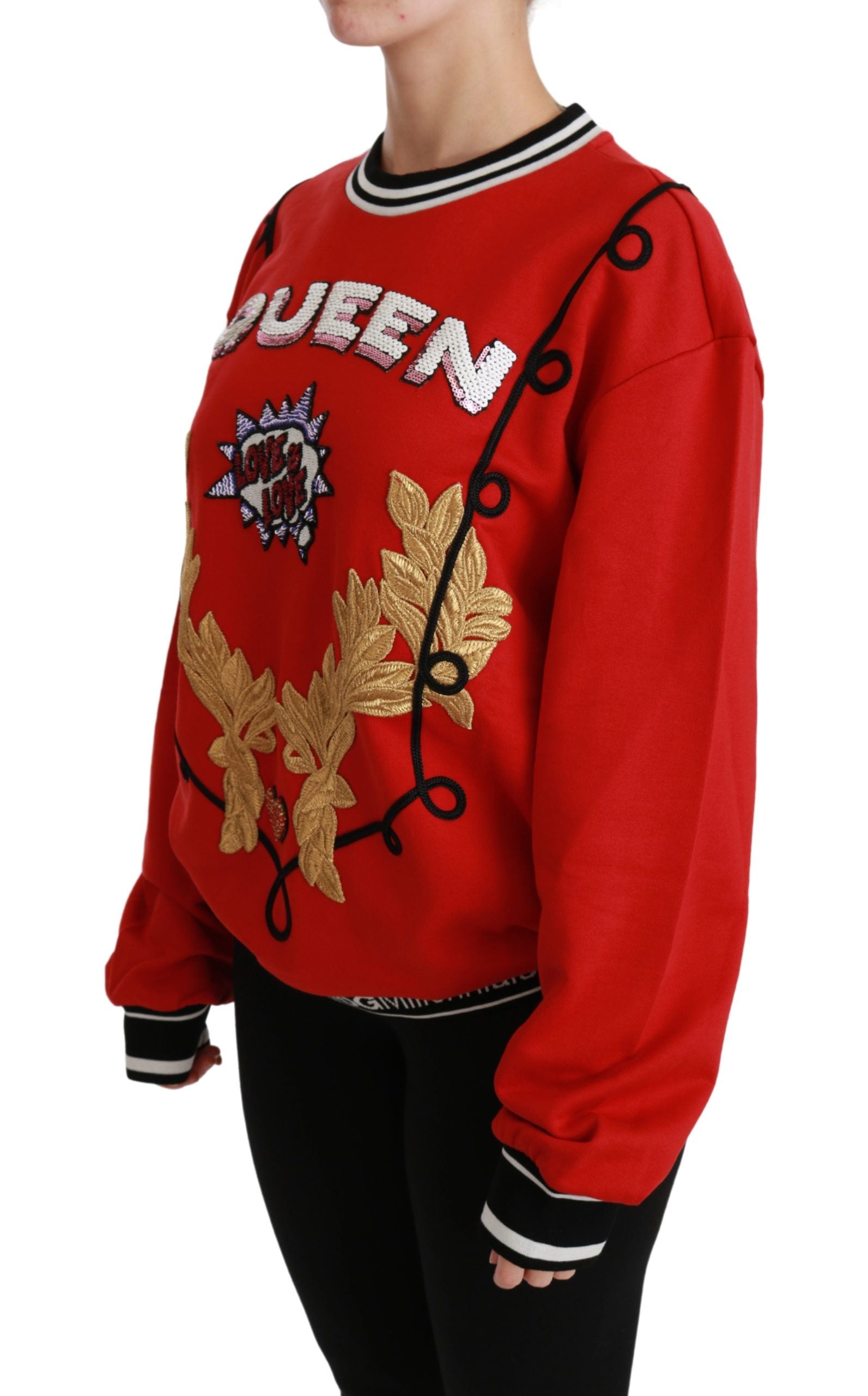 Red sequined love pullover sweater by Dolce & Gabbana featuring a shimmering Queen design and comfortable knit fabric.