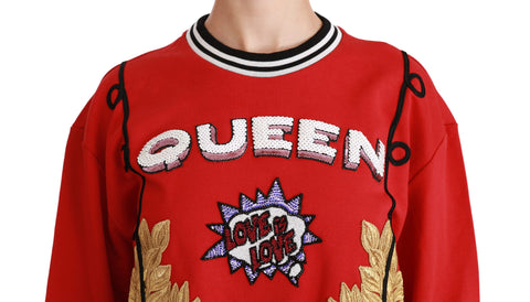 Red sequined Love pullover sweater by Dolce & Gabbana featuring a shimmering Queen design and cozy knit fabric.