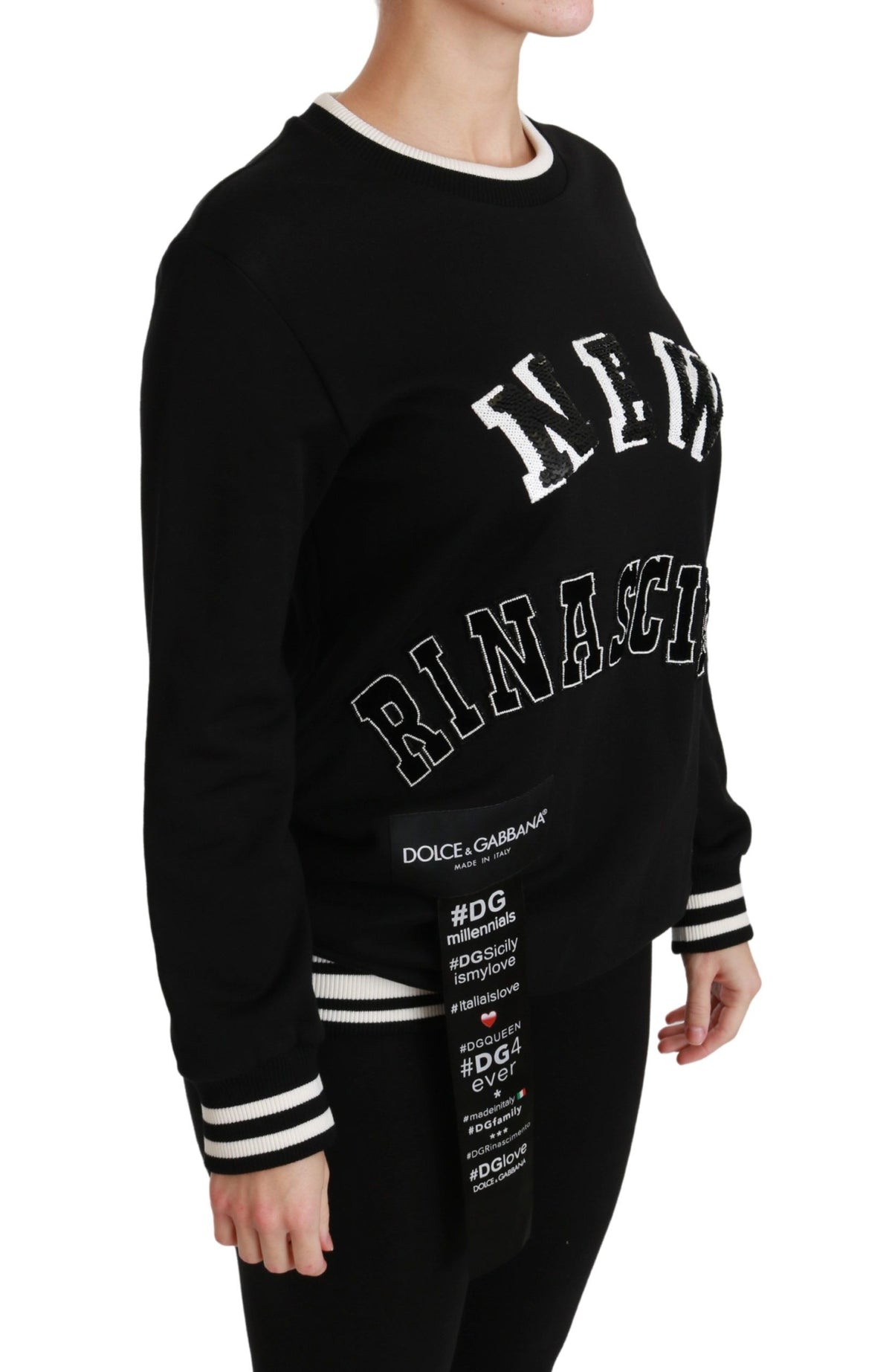 Black Rinascimento #DGmillennials sweater by Dolce & Gabbana, featuring stylish design and soft fabric, shown on a model.