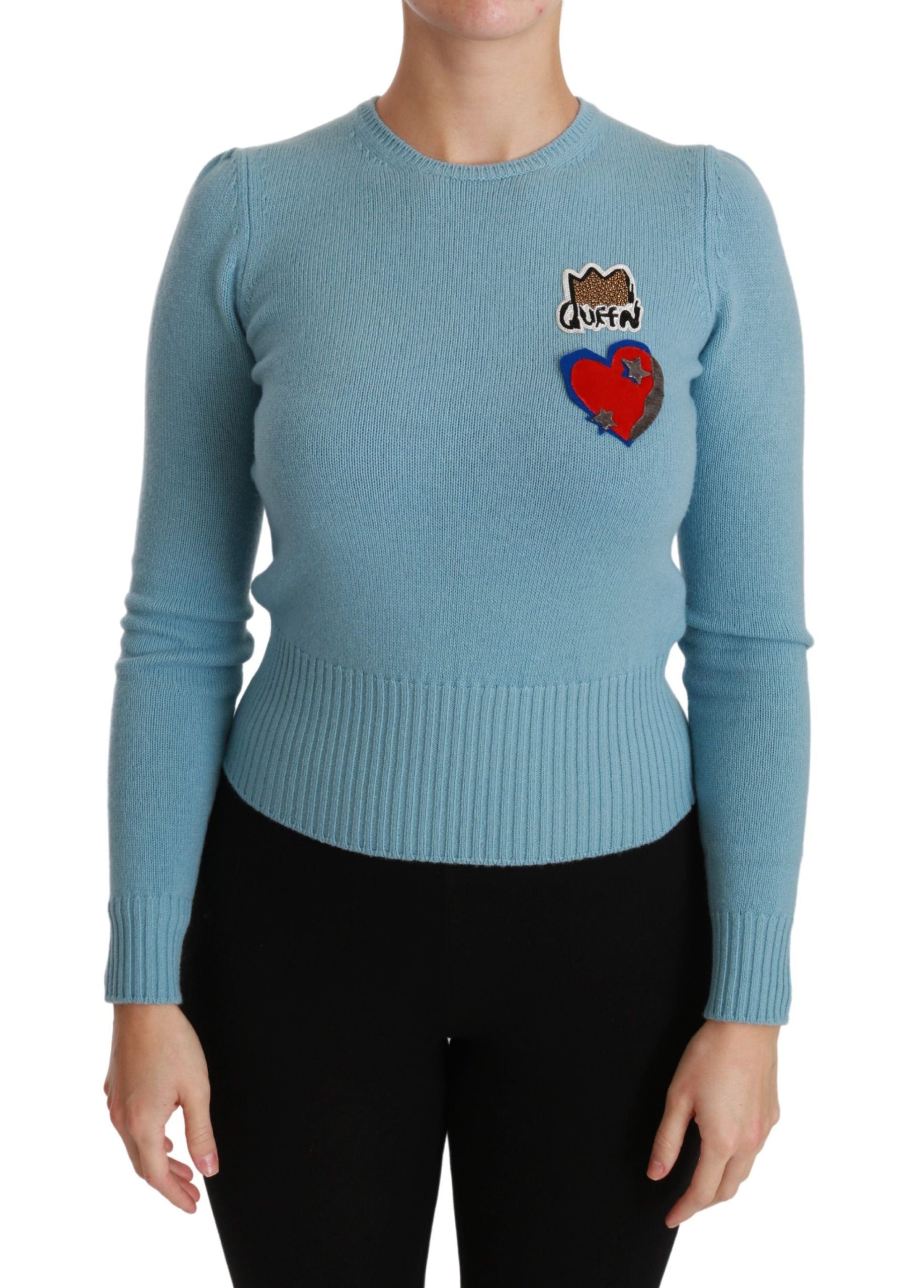Blue wool queen heart pullover sweater by Dolce & Gabbana, featuring a cozy fit and detailed heart design.