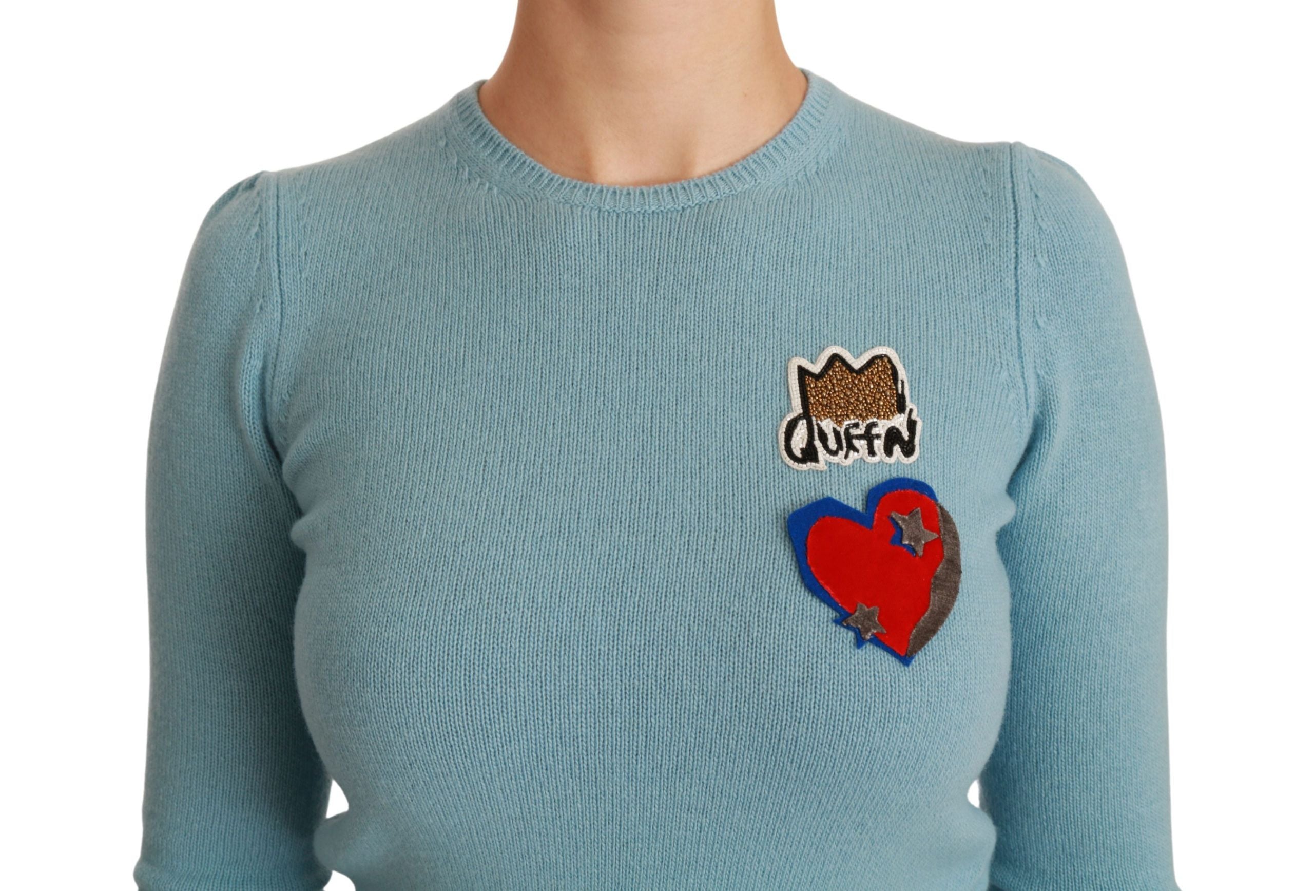 Blue wool queen heart pullover sweater by Dolce & Gabbana, featuring a detailed heart design on the front.