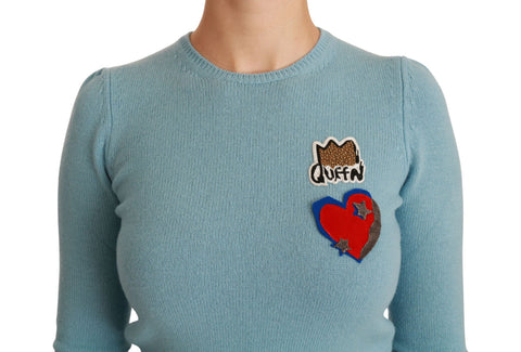 Blue wool queen heart pullover sweater by Dolce & Gabbana, featuring a detailed heart design on the front.