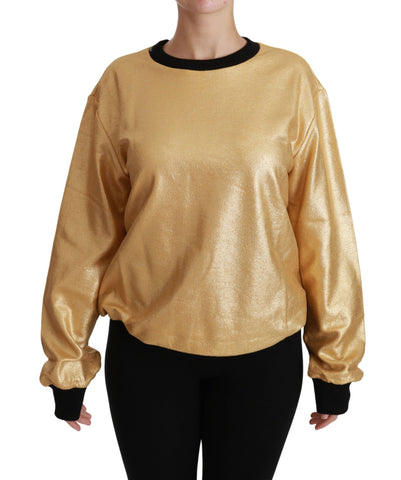Gold cotton crewneck pullover sweater by Dolce & Gabbana, featuring a classic fit and smooth fabric texture.