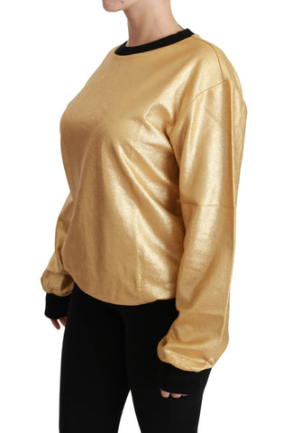 Gold cotton crewneck pullover sweater by Dolce & Gabbana, shown with a close-up of the soft fabric and classic fit.