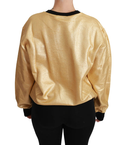 Gold cotton crewneck pullover sweater by Dolce & Gabbana, showcasing a relaxed fit with ribbed cuffs and neckline.