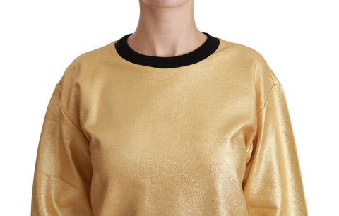 Gold cotton crewneck pullover sweater by Dolce & Gabbana, showing a close-up of the textured fabric and classic fit.