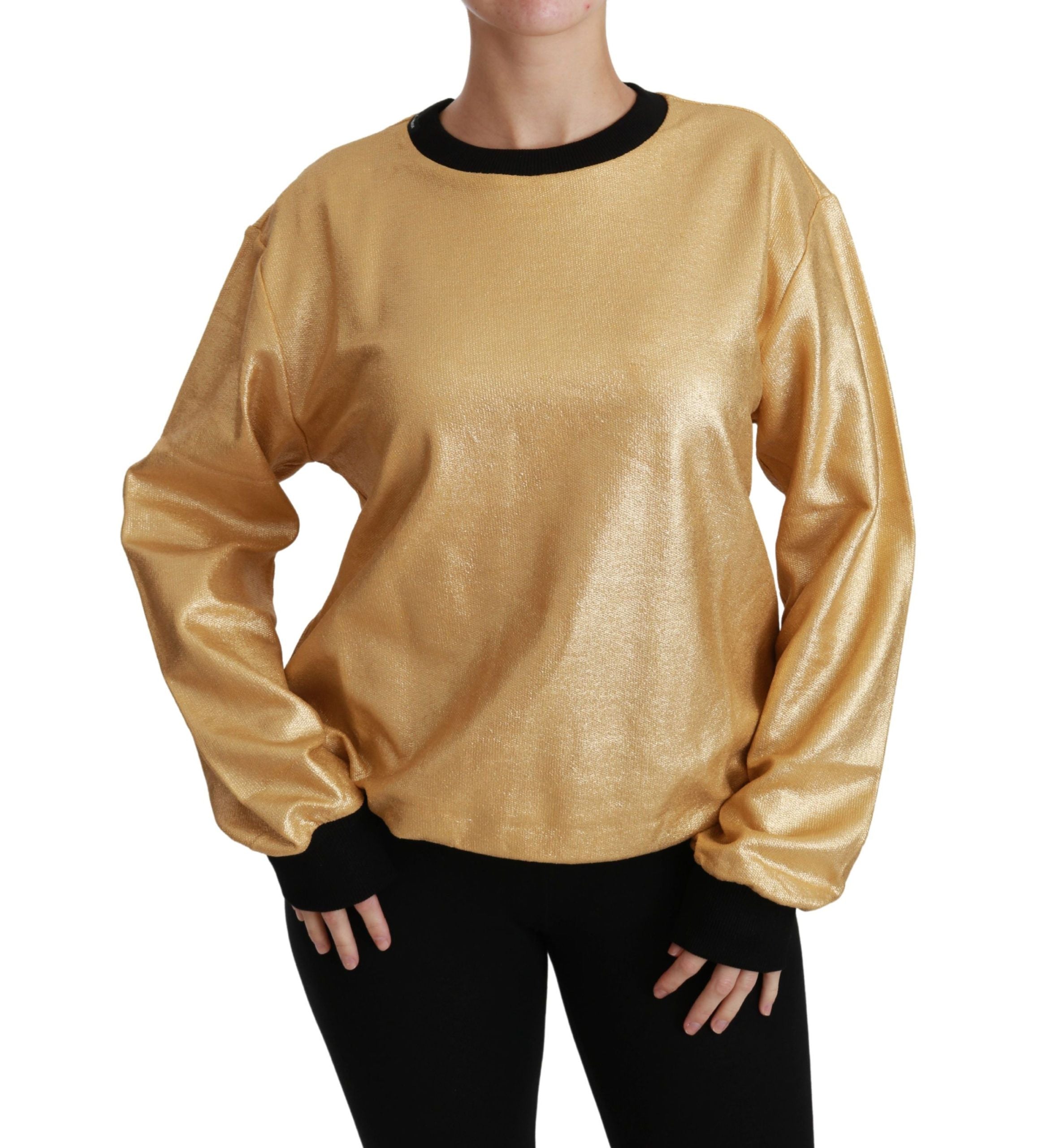 Gold cotton crewneck pullover sweater by Dolce & Gabbana displayed on a mannequin, highlighting its classic fit and soft fabric.