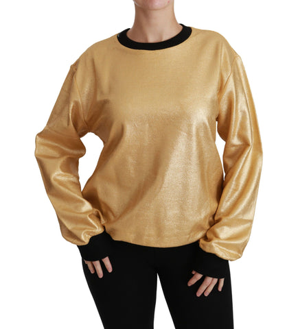 Gold cotton crewneck pullover sweater by Dolce & Gabbana displayed on a mannequin, highlighting its classic fit and soft fabric.